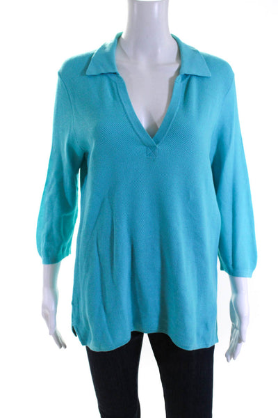 Belford Womens Teal Collar V-Neck Long Sleeve Cotton Knit Blouse Top Size L