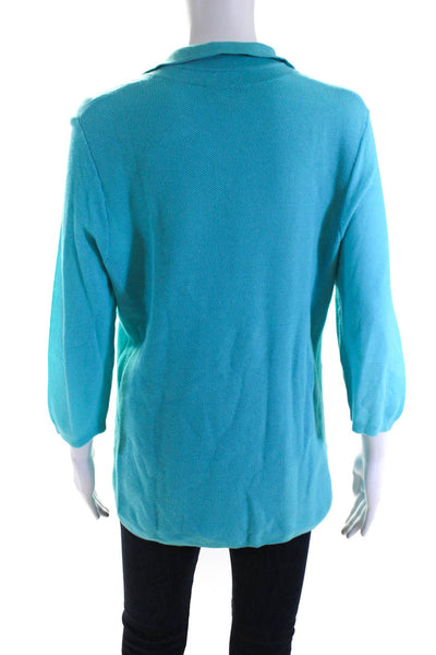 Belford Womens Teal Collar V-Neck Long Sleeve Cotton Knit Blouse Top Size L