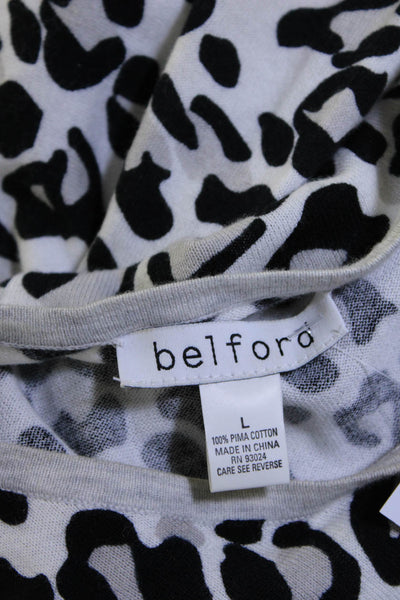 Belford Womens White Animal Print Cotton Long Sleeve Knit Blouse Top Size L