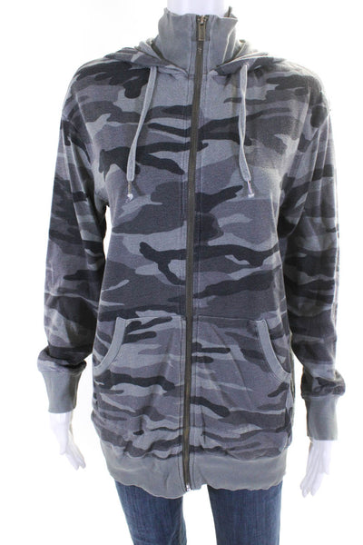 Splendid Womens Front Zip Camouflage Hooded Sweater Gray Cotton Size Small