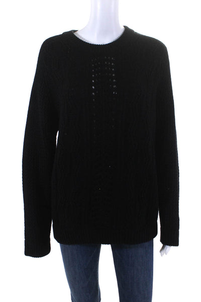Sandro Womens Chunky Cable Knit Crew Neck Sweater Black Wool Size Medium