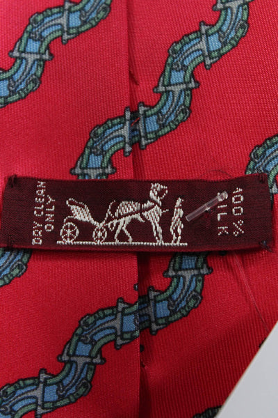 Hermes Mens Red Blue Silk Belt Graphic Print Classic Length Necktie Tie Size OS