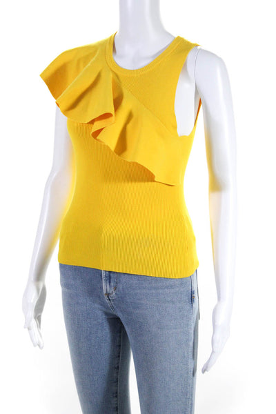 ALC Womens Ribbed Knit Ruffled Trim Crew Neck Top Yellow Size Small