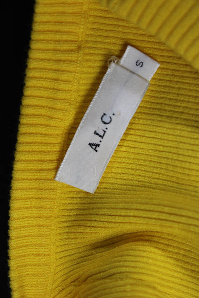 ALC Womens Ribbed Knit Ruffled Trim Crew Neck Top Yellow Size Small
