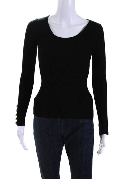 Manoush Womens Pullover Scoop Neck Ribbed Sweatshirt Black Wool Size Small