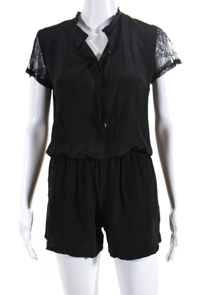 Karina Grimaldi Womens Lace Insert Short Sleeve Button Up Romper Black Size XS