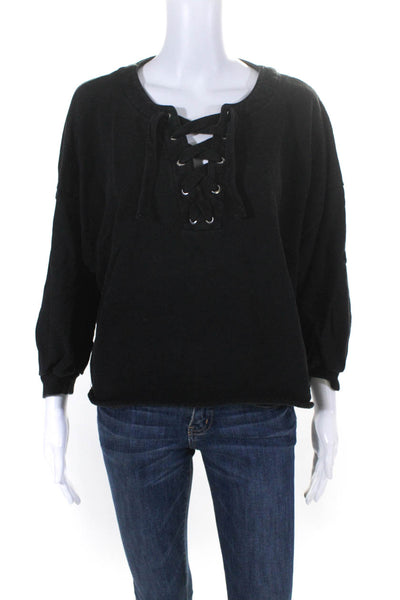 Rebecca Minkoff Women's 3/4 Sleeve Lace Up Cotton Pullover Sweater Black Size S