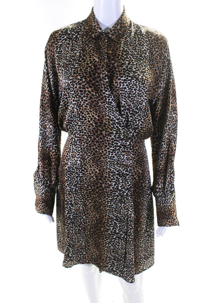 Equipment Femme Womens Animal Print Long Sleeve Button Up Dress Brown Size S