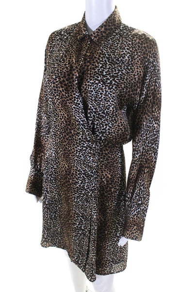 Equipment Femme Womens Animal Print Long Sleeve Button Up Dress Brown Size S