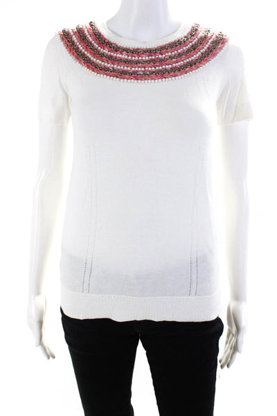 Milly Women's Short Sleeve Beaded Collar Knit Blouse White Size S