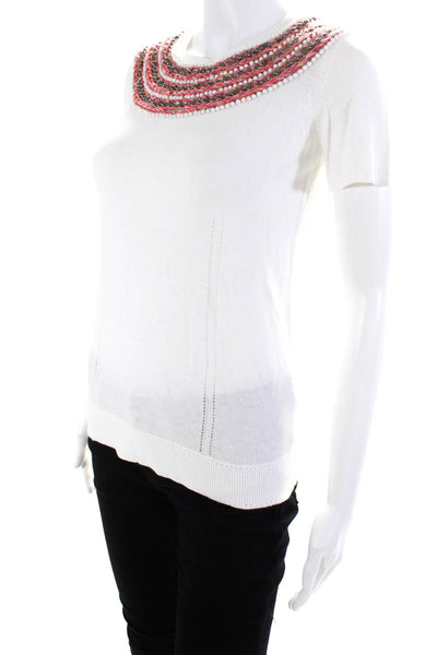 Milly Women's Short Sleeve Beaded Collar Knit Blouse White Size S
