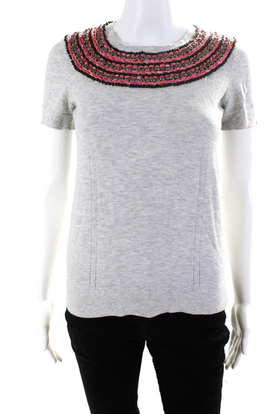 Milly Beaded Collar Short Sleeve Knit Blouse Gray Size S