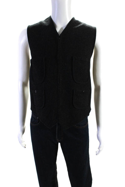 Woolrich Mens Striped Woven Double Breasted V Neck Pocket Vest Dark Gray Size L