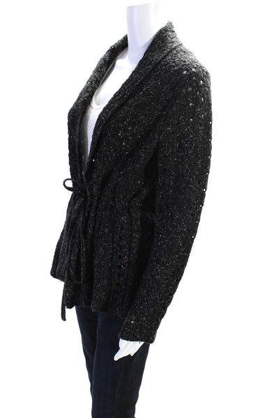 Magaschoni Women's Open Front Tie Waist Open Knit Cardigan Sweater Black Size L