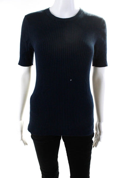 Frame Womens Short Sleeve Ribbed Crew Neck Sweater Navy Blue Size Medium