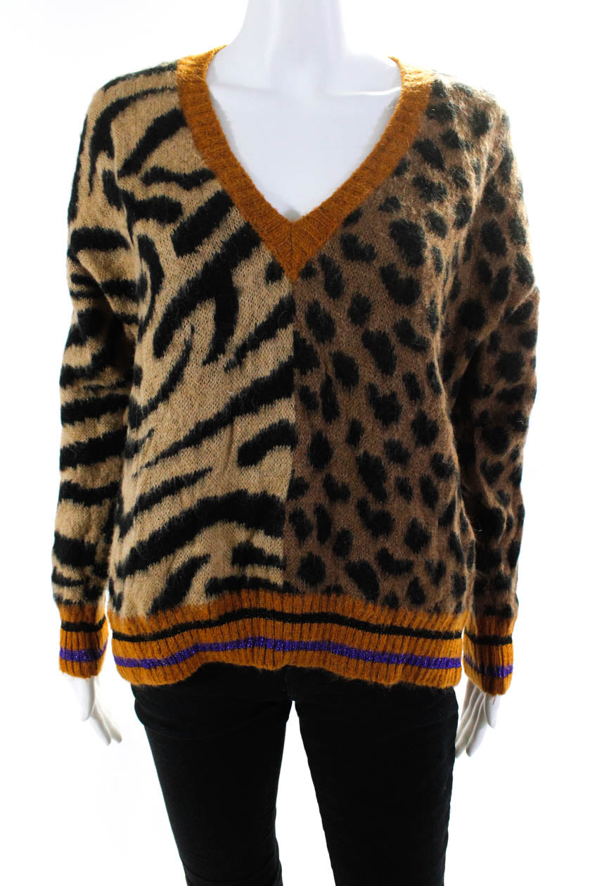 Annarita N Womens Metallic Stripe Leopard Print V Neck Sweater