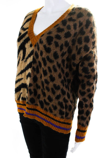 Annarita N Womens Metallic Stripe Leopard Print V Neck Sweater Brown Size Small