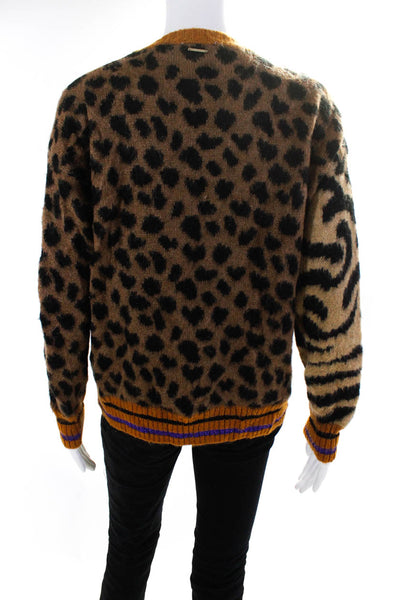 Annarita N Womens Metallic Stripe Leopard Print V Neck Sweater Brown Size Small