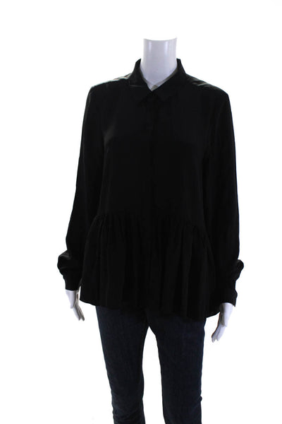 Tibi Womens Silk Long Sleeve Flared Covered Placket Button Blouse Black Size 6
