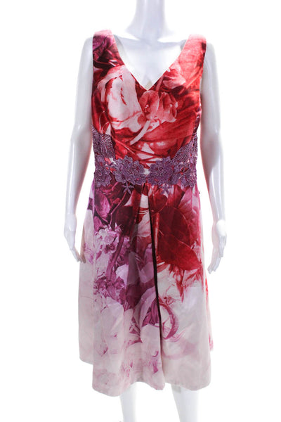 ML Monique Lhuillier Womens Floral Print V-Neck Sleeveless Dress Pink Size 16