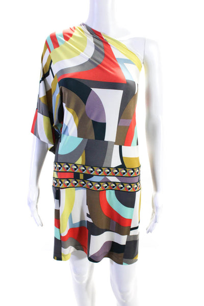 BCBGMAXAZRIA Womens Multicolor Printed One Shoulder Mini Shift Dress Size M