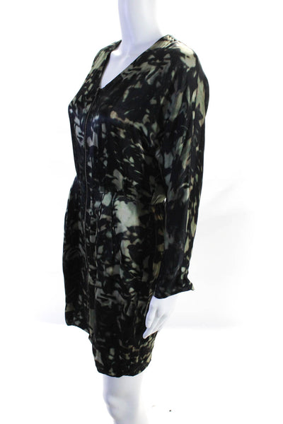 Theory Womens Black Silk Printed V-Neck Zip Front Long Sleeve Shift Dress Size 6