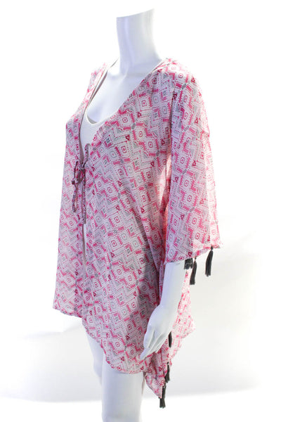 Letarte Handmade Women's Abstract Print Tassel Trim Swimwear Coverup Pink Size X