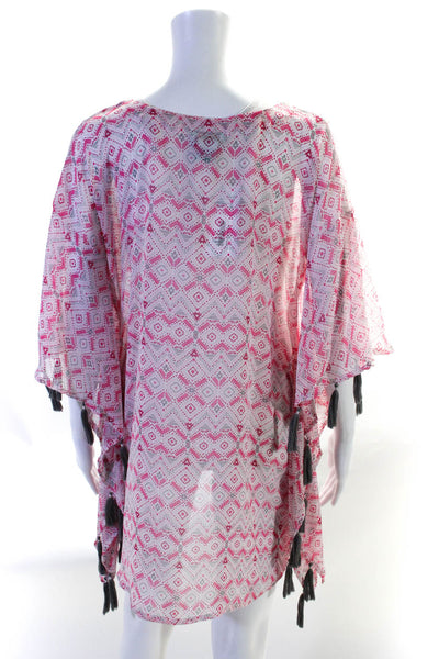 Letarte Handmade Women's Abstract Print Tassel Trim Swimwear Coverup Pink Size X