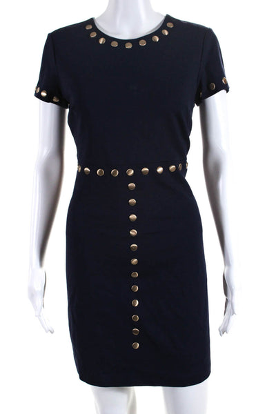 Cynthia Steffe Womens Studded Round Neck Short Sleeve Zip Up Dress Navy Size 4