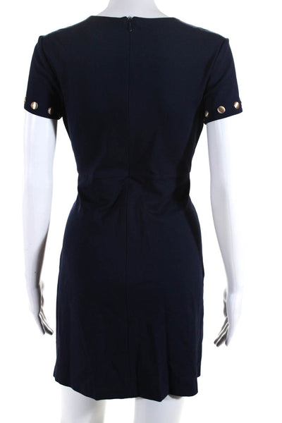 Cynthia Steffe Womens Studded Round Neck Short Sleeve Zip Up Dress Navy Size 4