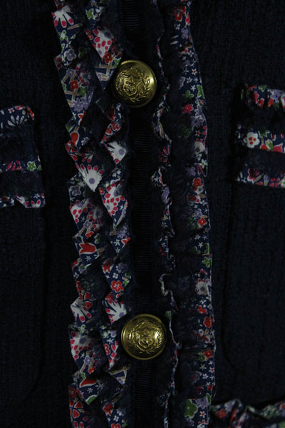 J Crew Womens Ruffle Floral Print Trim Round Neck Button Up Blazer Navy Size 4