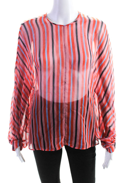 Lela Rose Womens Long Sleeve Sheer Striped Top Blouse Red Pink Silk Size Medium