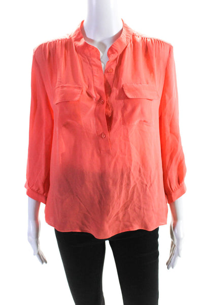 Parker Womens High Neck Button Up Long Sleeve Top Blouse Coral Pink Size Small