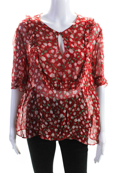 The Kooples Womens Sheer Floral Ruffle V Neck Top Blouse Red Green Size 3