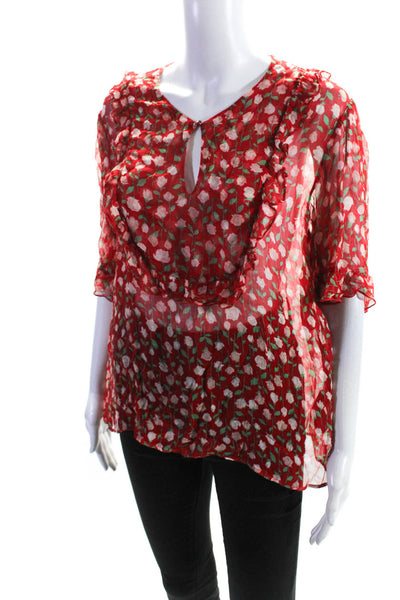 The Kooples Womens Sheer Floral Ruffle V Neck Top Blouse Red Green Size 3