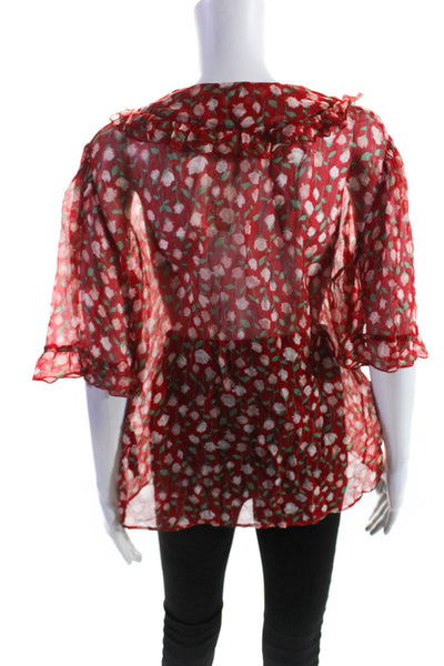 The Kooples Womens Sheer Floral Ruffle V Neck Top Blouse Red Green Size 3