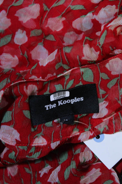 The Kooples Womens Sheer Floral Ruffle V Neck Top Blouse Red Green Size 3