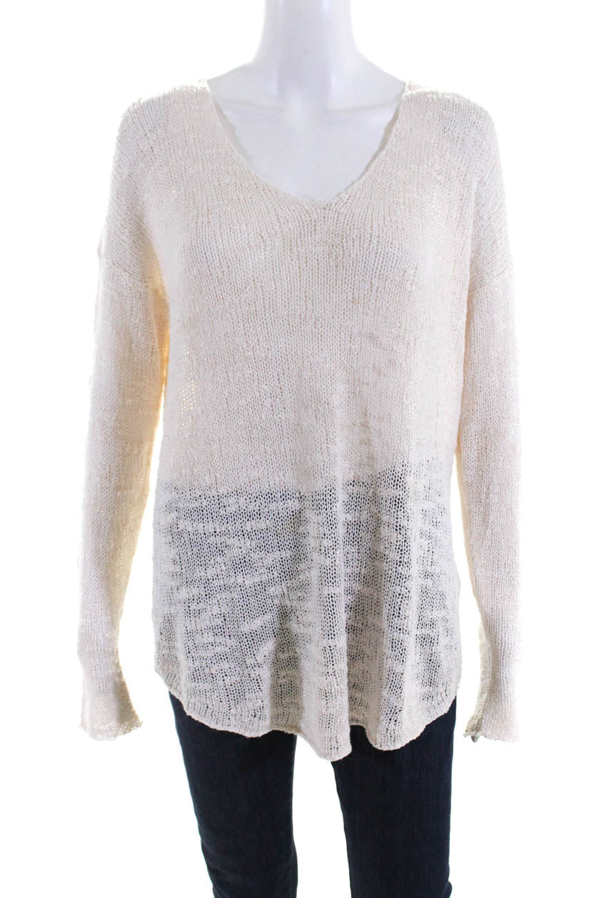 Helmut Lang Women's Silk Long Sleeve V-Neck Knit Blouse Cream Size