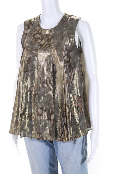 Lacey Parker Womens Metallic Sleeveless Pleated Blouse Gold Tone Brown Size S