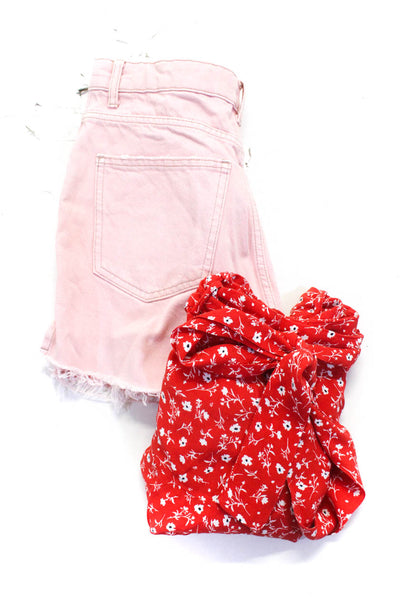 Zara Womens Cotton High-Rise Cut Off Shorts Mini Skirt Pink Red Size 6 M Lot 2
