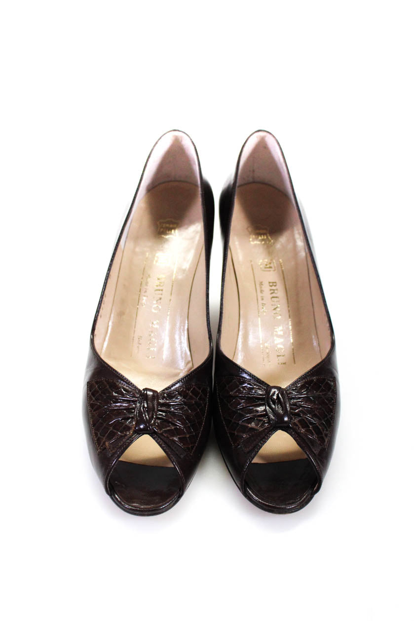 Bruno Magli Womens Faux Snakeskin Peep Toe Slip On Pumps Brown