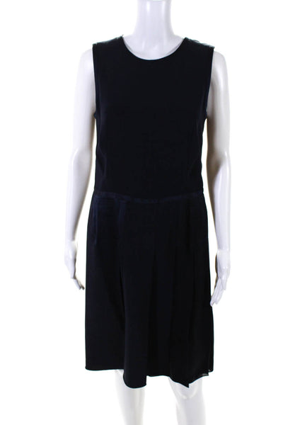 Giorgio Armani Womens Pleated Satin Sleeveless Midi A Line Dress Navy Blue IT 40