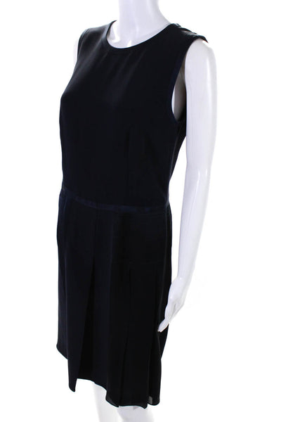 Giorgio Armani Womens Pleated Satin Sleeveless Midi A Line Dress Navy Blue IT 40