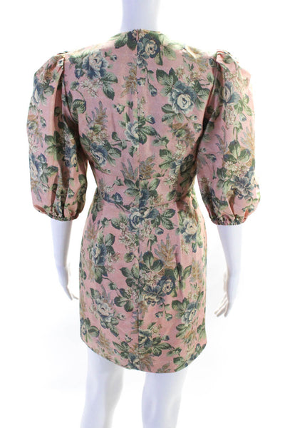 Zimmermann Women's Puff Sleeve V Neck Floral Print Corset Mini Dress Pink Size 1