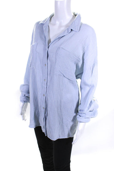 Catherine Malandrino Womens Cotton Textured Button Up Blouse Top Blue Size L