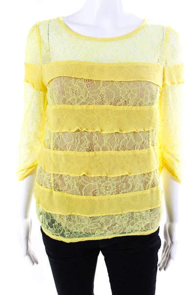 BCBG Max Azria Womens Long Sleeve Lace Chiffon Ruffle Top Blouse Yellow Small