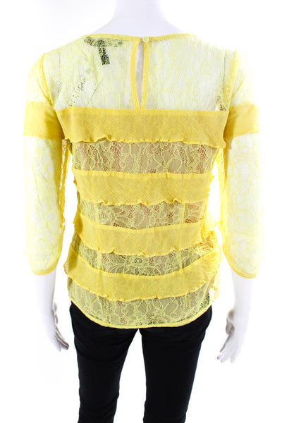 BCBG Max Azria Womens Long Sleeve Lace Chiffon Ruffle Top Blouse Yellow Small