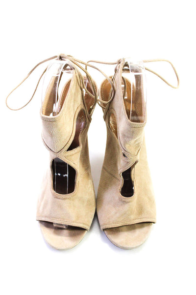 Aquazzura Women's Suede Cutout Peep Toe Lace Up Heels Beige Size 8