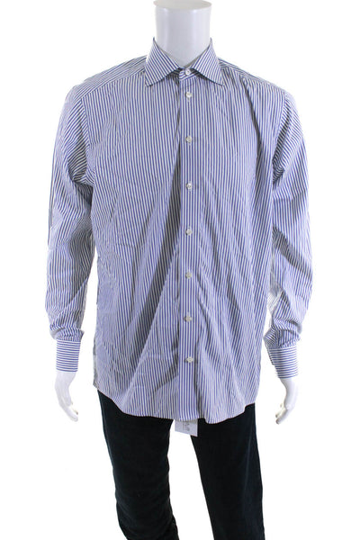 Eton Mens Striped Button Down Dress Shirt White Blue Cotton Size 41 16