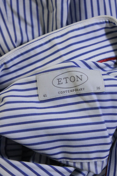 Eton Mens Striped Button Down Dress Shirt White Blue Cotton Size 41 16
